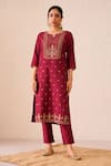 Avaha_Maroon Viscose Silk Embroidered Notched Gul Arezo Kurta Pant Set _Online_at_Aza_Fashions