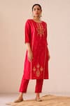 Buy_Avaha_Red Viscose Silk Embroidered Round Gul Suri Kurta Pant Set _Online_at_Aza_Fashions