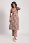 Buy_Avaha_Beige Cotton Printed Floral V Neck Agasti Kurta And Pant Set _at_Aza_Fashions