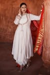 Buy_House of Anmol Jain_Ivory Anarkali And Pant Moga Silk Hand Embroidered Beads Kanika Floral Set _at_Aza_Fashions