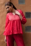 Buy_Ayaka_Red Viscose Tabby Hand Embroidered Sequins Cara Tiered Bandhani Print Peplum Top _at_Aza_Fashions