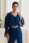 House of Anmol Jain_Blue Shirt Organza Hand Embroidered Thread Collar Indrani With Draped Skirt _at_Aza_Fashions