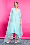 Buy_Priyanka Jain_Blue Cotton Linen Embroidery Floral V Neck Kurta Pant Set _at_Aza_Fashions