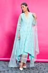 Buy_Priyanka Jain_Blue Cotton Linen Embroidery Floral V Neck Kurta Pant Set _Online_at_Aza_Fashions