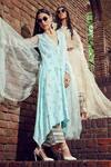 Priyanka Jain_Blue Cotton Linen Embroidery Floral V Neck Kurta Pant Set _at_Aza_Fashions