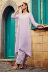 Buy_Priyanka Jain_Purple Cotton Linen Embroidery Floral V Neck Asymmetric Kurta With Pant 