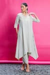 Buy_Priyanka Jain_Beige Cotton Linen Embroidery Floral V Placement Asymmetric Kurta With Pant _at_Aza_Fashions