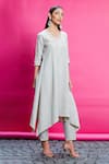 Buy_Priyanka Jain_Beige Cotton Linen Embroidery Floral V Placement Asymmetric Kurta With Pant _Online_at_Aza_Fashions