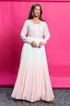 Buy_Priyanka Jain_Pink Crepe Embroidery Floral Scoop Neck Ombre Anarkali With Waistcoat _at_Aza_Fashions