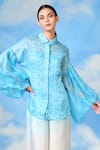 Shop_Shilpi Gupta_Blue Satin Organza Hand Block Print Floral Balloon Sleeve Shirt With Trouser _Online_at_Aza_Fashions