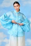 Shilpi Gupta_Blue Satin Organza Hand Block Print Floral Balloon Sleeve Shirt With Trouser _at_Aza_Fashions