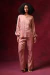 Buy_Shilpi Gupta_Pink Tissue Zari Embroidery Floral Bloom Collared Neck Shirt With Trouser _at_Aza_Fashions