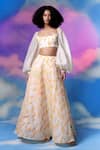 Buy_Shilpi Gupta_Ivory Organza With Bamberg Blouse Embroidery Block Print Lehenga _at_Aza_Fashions