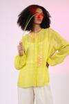 Shilpi Gupta_Yellow Satin Organza Embroidery Abstract Block Sheer Print Shirt With Trouser _Online_at_Aza_Fashions