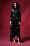 Buy_Shilpi Gupta_Black Modal Satin Embroidery Zari Round High Neck Dragonfly Kaftan Dress _at_Aza_Fashions