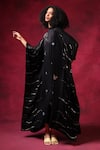 Shop_Shilpi Gupta_Black Modal Satin Embroidery Zari Round High Neck Dragonfly Kaftan Dress _at_Aza_Fashions