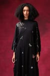 Shilpi Gupta_Black Modal Satin Embroidery Zari Round High Neck Dragonfly Kaftan Dress _Online_at_Aza_Fashions