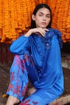 Shilpi Gupta_Blue Bamberg Satin Embroidery Flower Applique Round Shirt _Online_at_Aza_Fashions