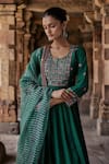 Shop_Kritika Dawar_Green Silk Embroidery Thread Round Neck Zaha And Mirror Anarkali Set _Online_at_Aza_Fashions