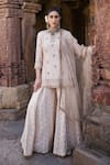 Buy_Kritika Dawar_Ivory Chanderi Embroidery Dori Split V Neck Shrina Wildflora Kurti Sharara Set _at_Aza_Fashions