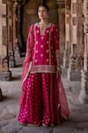 Buy_Kritika Dawar_Pink Chanderi Embroidery Dori Split V Neck Shrina Phool Kurti Sharara Set _at_Aza_Fashions