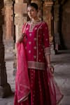 Buy_Kritika Dawar_Pink Chanderi Embroidery Dori Split V Neck Shrina Phool Kurti Sharara Set _Online_at_Aza_Fashions