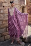 Kritika Dawar_Purple Banarasi Chanderi Embroidery Gota Split V Neck Nehmat Gul Kurta Set _Online_at_Aza_Fashions