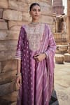 Buy_Kritika Dawar_Purple Banarasi Chanderi Embroidery Gota Split V Neck Nehmat Gul Kurta Set _Online_at_Aza_Fashions