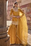 Buy_Kritika Dawar_Yellow Silk Embroidery Dabka V Neck Ambar Gulshan Kurti Gharara Set _at_Aza_Fashions