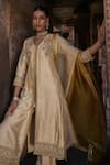 Shop_Kritika Dawar_Ivory Silk Embroidery Dabka V Neck Samah Gullista Front Open Kurta Set _Online_at_Aza_Fashions