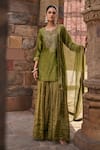 Buy_Kritika Dawar_Green Chanderi Embroidery Dabka Notched Erum Glory Bloom Kurti Gharara Set _at_Aza_Fashions