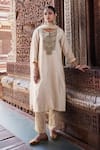 Buy_Kritika Dawar_Ivory Chanderi Embroidery Dabka Notched Round Erum Ivy Bloom Kurta Set _Online_at_Aza_Fashions