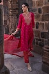 Buy_Kritika Dawar_Pink Chanderi Embroidery Dabka Notched Round Erum Ivy Blossom Kurta Set _Online_at_Aza_Fashions