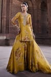 Buy_Kritika Dawar_Yellow Silk Print Floral Notched Round Neck Gulbagh Kurti Sharara Set _at_Aza_Fashions