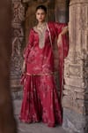 Buy_Kritika Dawar_Red Silk Print Floral Notched Round Neck Gulbagh Kurti Sharara Set _at_Aza_Fashions