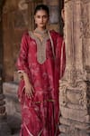 Buy_Kritika Dawar_Red Silk Print Floral Notched Round Neck Gulbagh Kurti Sharara Set _Online_at_Aza_Fashions