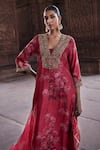 Shop_Kritika Dawar_Red Silk Print Floral Glass Neck Amara Rosa Embellished Kurta Pant Set _Online_at_Aza_Fashions