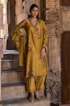 Buy_Kritika Dawar_Yellow Chanderi Print Phool V Neck Zainab Kurta Pant Set _at_Aza_Fashions