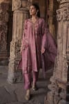 Kritika Dawar_Pink Chanderi Print Phool V Neck Zainab Bloom Kurta Pant Set _Online_at_Aza_Fashions