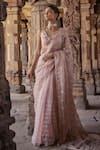 Buy_Kritika Dawar_Pink Silk Embroidery Dabka Deep V Neck Noorein Flora Vine Saree With Blouse _at_Aza_Fashions