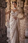 Kritika Dawar_Ivory Silk Embroidery Dabka Leaf Neck Meher Starla Bloom Saree With Blouse _Online_at_Aza_Fashions