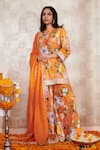 Rainas_Orange Cotton Silk Printed Floral Tie-up Pattern Kurta Sharara Set _Online_at_Aza_Fashions