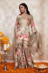 Buy_Rainas_Beige Cotton Silk Printed Floral Notched Round Kurta Gharara Set _at_Aza_Fashions