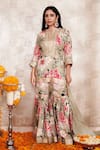 Rainas_Beige Cotton Silk Printed Floral Notched Round Kurta Gharara Set _Online_at_Aza_Fashions