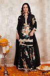 Shop_Rainas_Black Cotton Silk Printed Floral Notched Round Pattern Kurta Gharara Set _at_Aza_Fashions