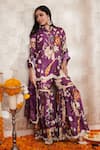 Shop_Rainas_Purple Cotton Silk Printed Floral Band Collar Scallop Hem Kurta Gharara Set _at_Aza_Fashions