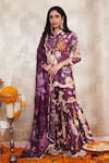 Rainas_Purple Cotton Silk Printed Floral Band Collar Scallop Hem Kurta Gharara Set _Online_at_Aza_Fashions