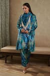 Buy_Rainas_Blue Velvet Printed Floral V Neck Asymmetric Kurta Pant Set _at_Aza_Fashions