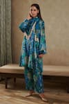 Rainas_Blue Velvet Printed Floral V Neck Asymmetric Kurta Pant Set _Online_at_Aza_Fashions