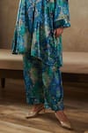 Buy_Rainas_Blue Velvet Printed Floral V Neck Asymmetric Kurta Pant Set _Online_at_Aza_Fashions